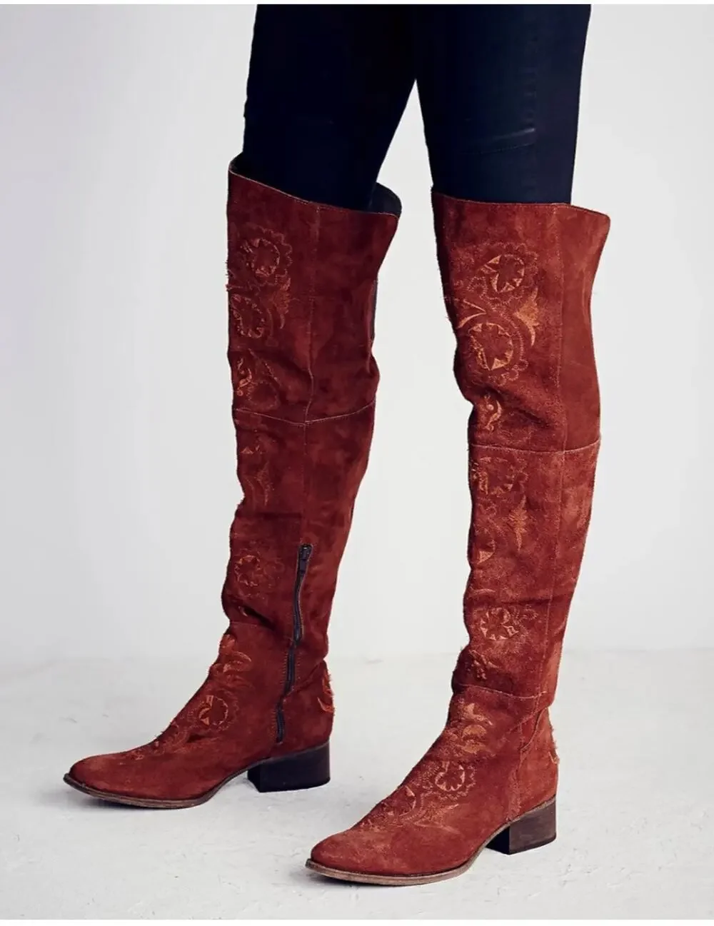 Free People Brown High Noon Suede Embroidered Over Knee Boots Sz EU 37/US 6.5